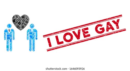 Mosaic gay lovers pictogram and red I Love Gay seal stamp between double parallel lines. Flat vector gay lovers mosaic pictogram of randomized rotated rectangular elements.