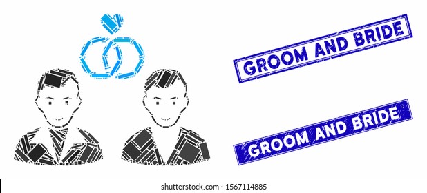 Mosaic gays marriage icon and rectangular watermarks. Flat vector gays marriage mosaic icon of randomized rotated rectangular items. Blue caption seals with rubber texture.