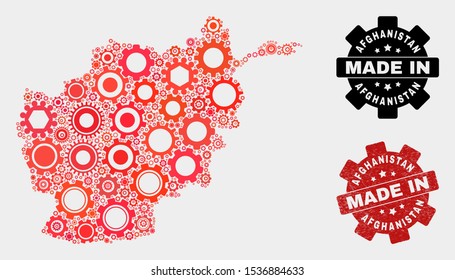 Mosaic gear Afghanistan map and textured seal. Vector geographic abstraction in red colors. Mosaic of Afghanistan map combined of random gear elements. Red colored model for industrial,
