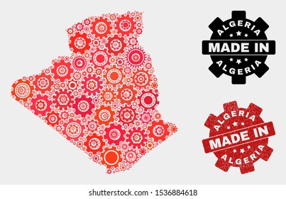 Mosaic gear Algeria map and scratched seal. Vector geographic abstraction in red colors. Mosaic of Algeria map combined of random gear elements. Red colored model for service, or political purposes.