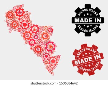 Mosaic gear Andros Island of Greece map and textured seal. Vector geographic abstraction in red colors. Mosaic of Andros Island of Greece map combined of random gear elements.