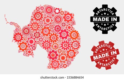 Mosaic gear Antarctica continent map and grunge stamp. Vector geographic abstraction in red colors. Mosaic of Antarctica continent map combined of scattered cogwheel elements.
