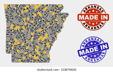 Mosaic gear Arkansas State map and blue Made In textured stamp. Vector geographic abstraction model for workshop, or patriotic templates. Mosaic of Arkansas State map combined of random wheel,
