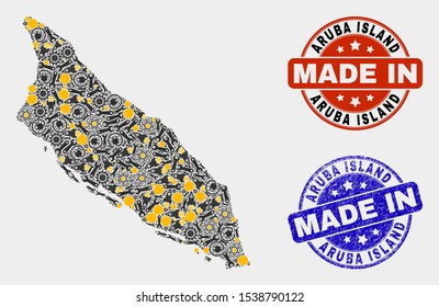 Mosaic gear Aruba Island map and blue Made In textured seal. Vector geographic abstraction model for workshop, or patriotic illustrations. Mosaic of Aruba Island map combined of random cogs, wrenches,