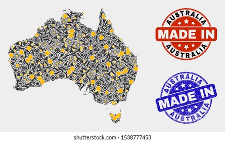 Mosaic gear Australia map and blue Made In grunge seal. Vector geographic abstraction model for service, or political templates. Mosaic of Australia map combined of scattered gears, wrenches, lamps,
