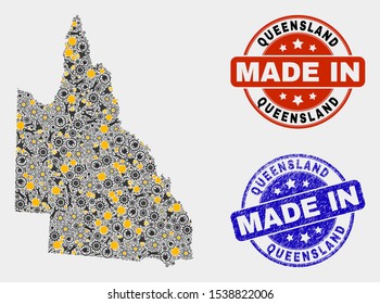Mosaic gear Australian Queensland map and blue Made In scratched stamp. Vector geographic abstraction model for service, or patriotic templates.