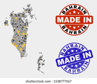Mosaic gear Bahrain map and blue Made In grunge stamp. Vector geographic abstraction model for workshop, or political purposes. Mosaic of Bahrain map combined of random wheel, spanners,