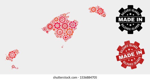 Mosaic gear Balearic Islands map and grunge stamp. Vector geographic abstraction in red colors. Mosaic of Balearic Islands map combined of scattered gear items. Red colored model for mechanic,