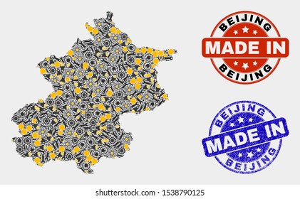 Mosaic gear Beijing City map and blue Made In scratched stamp. Vector geographic abstraction model for service, or political templates. Mosaic of Beijing City map combined of random wheel, wrenches,