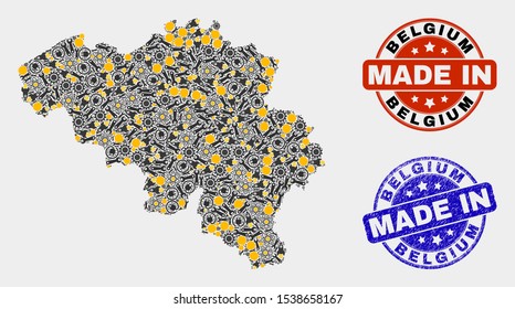 Mosaic gear Belgium map and blue Made In scratched stamp. Vector geographic abstraction model for workshop, or political purposes. Mosaic of Belgium map combined of random gearwheels, spanners,