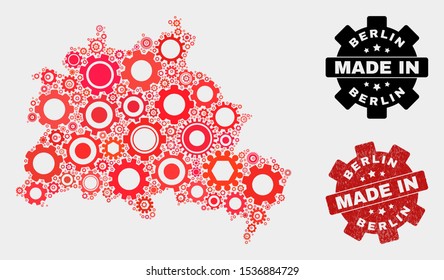 Mosaic gear Berlin City map and scratched stamp. Vector geographic abstraction in red colors. Mosaic of Berlin City map combined of random cog elements. Red colored model for service,