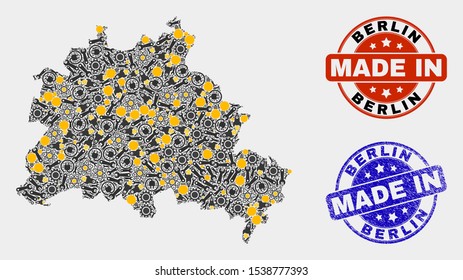 Mosaic gear Berlin City map and blue Made In scratched seal. Vector geographic abstraction model for workshop, or political illustrations. Mosaic of Berlin City map combined of scattered cogwheel,