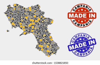 Mosaic gear Campania region map and blue Made In grunge stamp. Vector geographic abstraction model for workshop, or political purposes. Mosaic of Campania region map combined of scattered gearwheels,