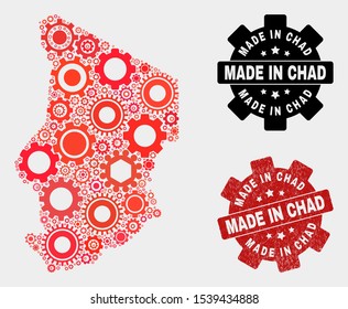 Mosaic gear Chad map and grunge seal. Vector geographic abstraction in red colors. Mosaic of Chad map combined of random gearwheel elements. Red colored model for mechanic, or political purposes.