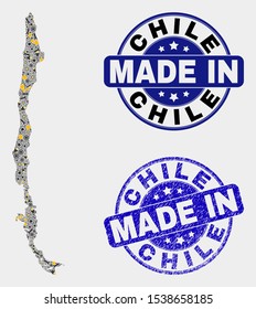 Mosaic gear Chile map and blue Made In scratched seal. Vector geographic abstraction model for service, or patriotic templates. Mosaic of Chile map combined of scattered wheel, wrenches,