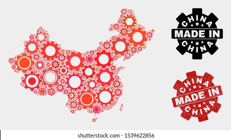 Mosaic gear China map and textured stamp. Vector geographic abstraction in red colors. Mosaic of China map combined of scattered cogwheel items. Red colored model for industrial,