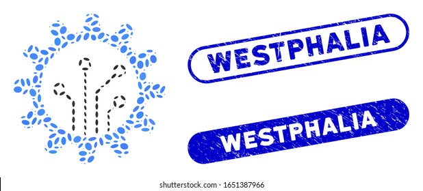 Mosaic gear chip and rubber stamp seals with Westphalia caption. Mosaic vector gear chip is composed with random oval items. Westphalia seals use blue color, and have rounded rectangle shape.