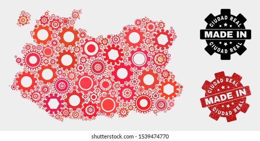 Mosaic gear Ciudad Real Province map and textured seal. Vector geographic abstraction in red colors. Mosaic of Ciudad Real Province map combined of scattered wheel items.