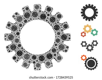 Mosaic gear composed of SARS virus icons in various sizes and color hues. Vector viral icons are organized into abstract mosaic gear icon. Some bonus icons are added.
