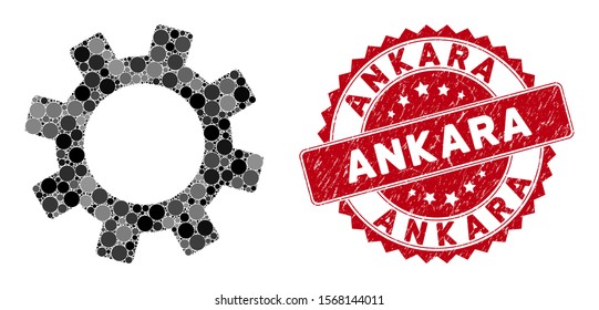 Mosaic gear and corroded stamp seal with Ankara phrase. Mosaic vector is created from gear icon and with scattered spheric elements. Ankara stamp seal uses red color, and grunged surface.