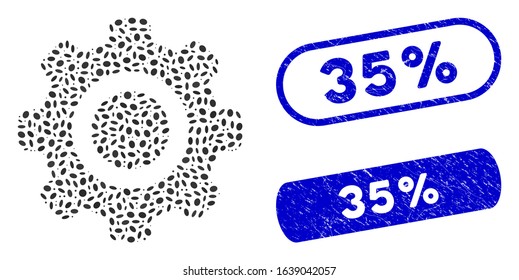 Mosaic gear and corroded stamp seals with 35% text. Mosaic vector gear is composed with random ellipse pieces. 35% stamp seals use blue color, and have round rectangle shape.
