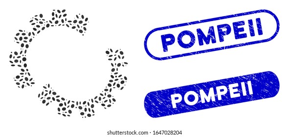 Mosaic gear crash and grunge stamp seals with Pompeii text. Mosaic vector gear crash is composed with random oval spots. Pompeii stamp seals use blue color, and have round rectangle shape.