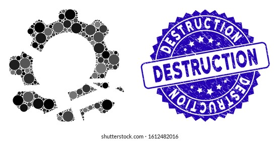 Mosaic gear destruction icon and grunge stamp watermark with Destruction text. Mosaic vector is composed with gear destruction icon and with randomized spheric elements.