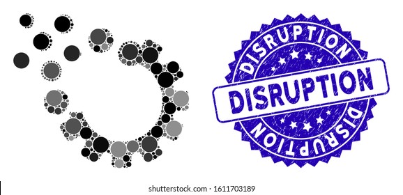 Mosaic gear disruption icon and corroded stamp watermark with Disruption phrase. Mosaic vector is created with gear disruption icon and with random circle spots. Disruption stamp seal uses blue color,