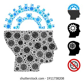 Mosaic gear engineer designed from flu virus items in various sizes and color hues. Vector infection icons are grouped into abstract collage gear engineer icon. Some bonus icons are added.