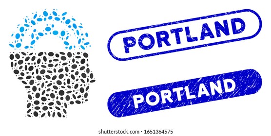 Mosaic gear engineer and grunge stamp seals with Portland caption. Mosaic vector gear engineer is formed with randomized elliptic spots. Portland stamp seals use blue color,