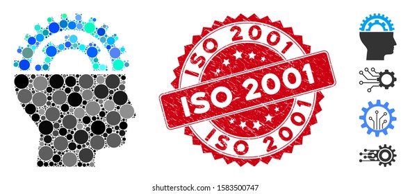 Mosaic gear engineer icon and grunge stamp seal with ISO 2001 caption. Mosaic vector is designed from gear engineer icon and with randomized round elements. ISO 2001 stamp seal uses red color,