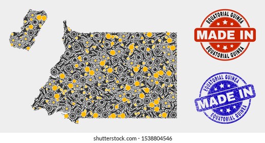 Mosaic gear Equatorial Guinea map and blue Made In grunge seal. Vector geographic abstraction model for workshop, or patriotic purposes. Mosaic of Equatorial Guinea map designed from random gears,