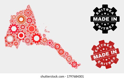 Mosaic gear Eritrea map and textured seal. Vector geographic abstraction in red colors. Mosaic of Eritrea map combined of random gear items. Red colored model for technical, or political templates.