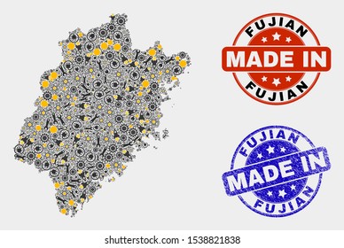 Mosaic gear Fujian Province map and blue Made In textured seal. Vector geographic abstraction model for mechanic, or political illustrations.
