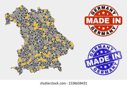 Mosaic gear Germany map and blue Made In textured seal. Vector geographic abstraction model for workshop, or political illustrations. Mosaic of Germany map combined of scattered cogs, wrenches, lamps,