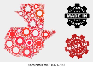Mosaic gear Guatemala map and grunge seal. Vector geographic abstraction in red colors. Mosaic of Guatemala map combined of random cogwheel items. Red colored model for mechanic, or patriotic posters.