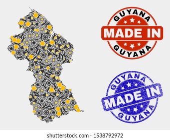 Mosaic gear Guyana map and blue Made In scratched seal. Vector geographic abstraction model for workshop, or political posters. Mosaic of Guyana map combined of random wheel, spanners, electrci bulbs,