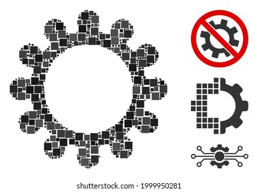 Icono del engranaje mosaico compuesto de elementos cuadrados en tamaños aleatorios y tonos de color. Los elementos cuadrados vectoriales se componen en un icono de engranaje de collage abstracto. Se añaden pictogramas bonificados.