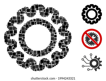 Mosaic Gear icon constructed from square items in different sizes and color hues. Vector square items are combined into abstract mosaic gear icon. Bonus pictograms are placed.