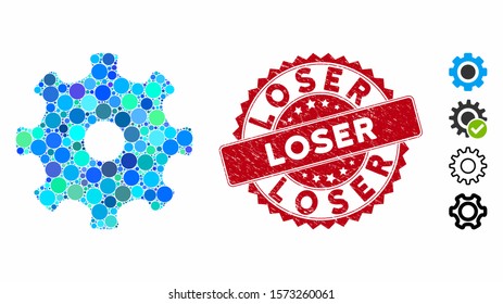 Mosaic gear icon and corroded stamp watermark with Loser text. Mosaic vector is created with gear icon and with random spheric elements. Loser stamp uses red color, and scratched surface.