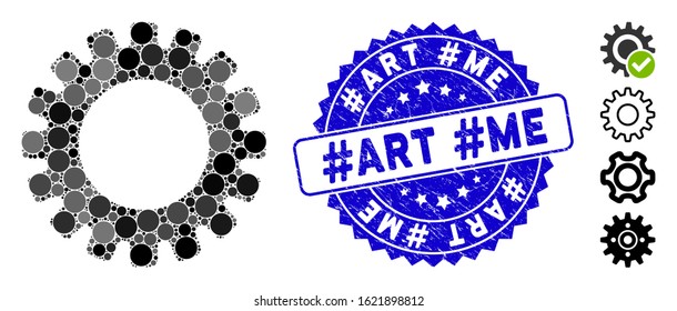 Mosaic gear icon and corroded stamp seal with #Art #Me text. Mosaic vector is created with gear icon and with randomized round spots. #Art #Me seal uses blue color, and scratched design.