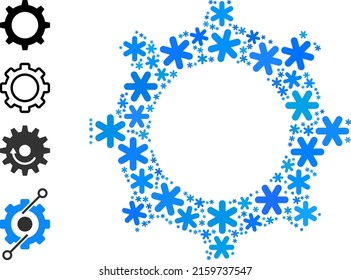 Icono de equipo mosaico creado para invierno, Año Nuevo, Navidad. El mosaico de iconos de los engranajes se crea a partir de copos de nieve azul claro. Se agregan algunos iconos similares.