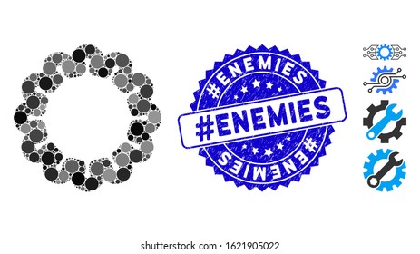 Mosaic gear icon and grunge stamp seal with #Enemies text. Mosaic vector is composed from gear icon and with random circle spots. #Enemies stamp seal uses blue color, and dirty texture.