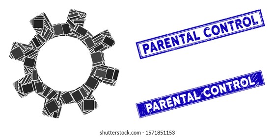 Mosaic gear icon and rectangular Parental Control seal stamps. Flat vector gear mosaic icon of randomized rotated rectangular elements. Blue Parental Control stamps with rubber textures.