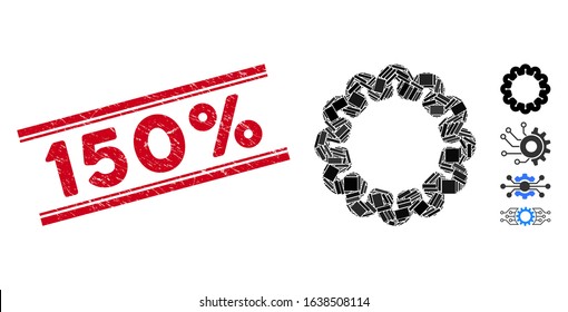 Mosaic gear icon and red 150% watermark between double parallel lines. Flat vector gear mosaic icon of random rotated rectangular items. Red 150% stamp imprint with grunged textures.