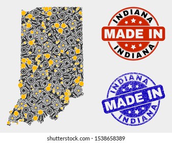 Mosaic gear Indiana State map and blue Made In grunge seal. Vector geographic abstraction model for industrial, or political templates. Mosaic of Indiana State map combined of scattered cogs,