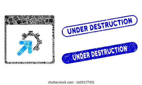 Mosaic gear integration calendar page and corroded stamp seals with Under Destruction caption. Mosaic vector gear integration calendar page is designed with scattered rectangle items.