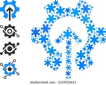 Mosaic gear integration icon created for winter, New Year, Christmas. Gear integration icon mosaic is organized of light blue snow icons. Some similar icons are added.