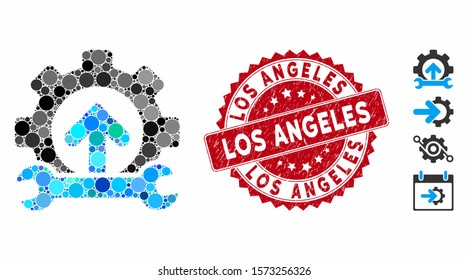 Mosaic gear integration tools icon and grunge stamp seal with Los Angeles text. Mosaic vector is formed with gear integration tools icon and with randomized circle items.