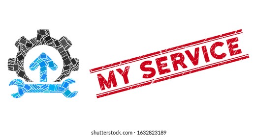 Mosaic gear integration tools pictogram and red My Service seal stamp between double parallel lines. Flat vector gear integration tools mosaic pictogram of scattered rotated rectangle elements.